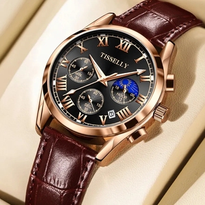 TISSELLY 6601 Nuovo Orologio da <span class=keywords><strong>Uomo</strong></span> di Alta Qualità, Elegante Orologio al Quarzo con Cinturino, Impermeabile, Tre Quadranti, Sei Lancette, Luminoso - Product Image 1