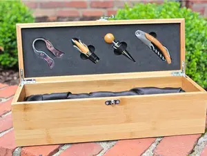 Set kotak pembuka botol anggur kayu baja tahan karat, perlengkapan pembuka botol anggur bambu dengan Set alat