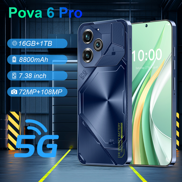 Wholesale Original Clone Unlocked POVA6 Pro 5G Smartphone Android 14 Deca Core CPU 16GB+1TB Memory HD Screen Mobile Phone