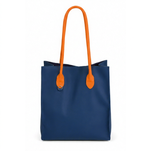 Sac fourre-tout bleu en PU avec sangles orange, design minimaliste, doublure imperméable en PVC, fermeture à bouton-pression ; idéal pour la plage et les courses toute l'année - Product Image 1
