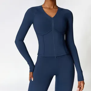 Chándal ajustado personalizado, ropa deportiva de entrenamiento, abrigo activo de manga larga, de Fitness Top, ropa de gimnasio, Chaquetas deportivas de Yoga con cremallera completa para mujer