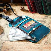 Portefeuille vintage en cuir véritable Crazy Horse fait main avec blocage RFID, pochette de voyage unisexe pour passeport et rangement d'argent autour du cou