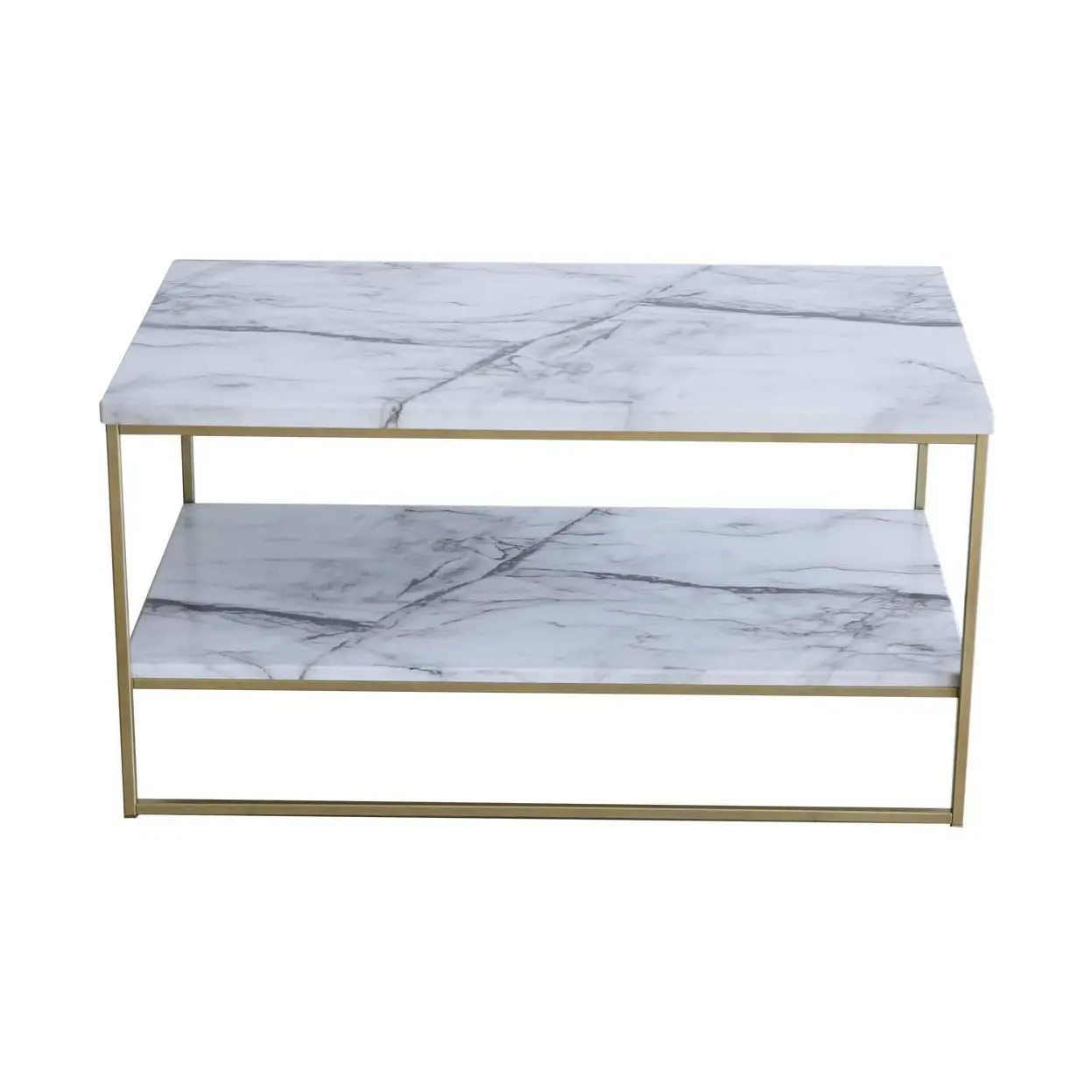 Hot Sale Home Furniture White Marble Print Coffee Table With Gold Metal Legs 2 Tier Living Room Tea Table For Kitchen