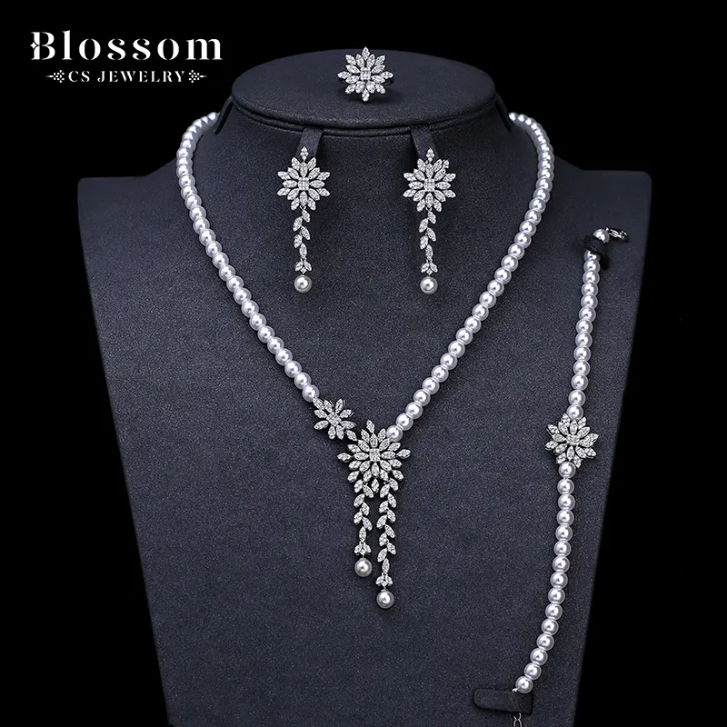 Quality Factory Supply New Design Pearl Zirconia Jewelry 925 Sterling Silver Necklace Long Earrings For Women