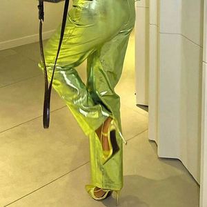 Candy Jelly Color mujeres Shinny Pu cuero pantalones sueltos de cintura alta mujeres moda recta Casual Streetwear Pantalones - Product Image 4