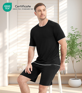 Clearance Stock Men's <b>Black</b> Solid Color Knitted Loungewear <b>Set</b> Breathable Casual Home Wear All Seasons In-Stock - Product Image 1