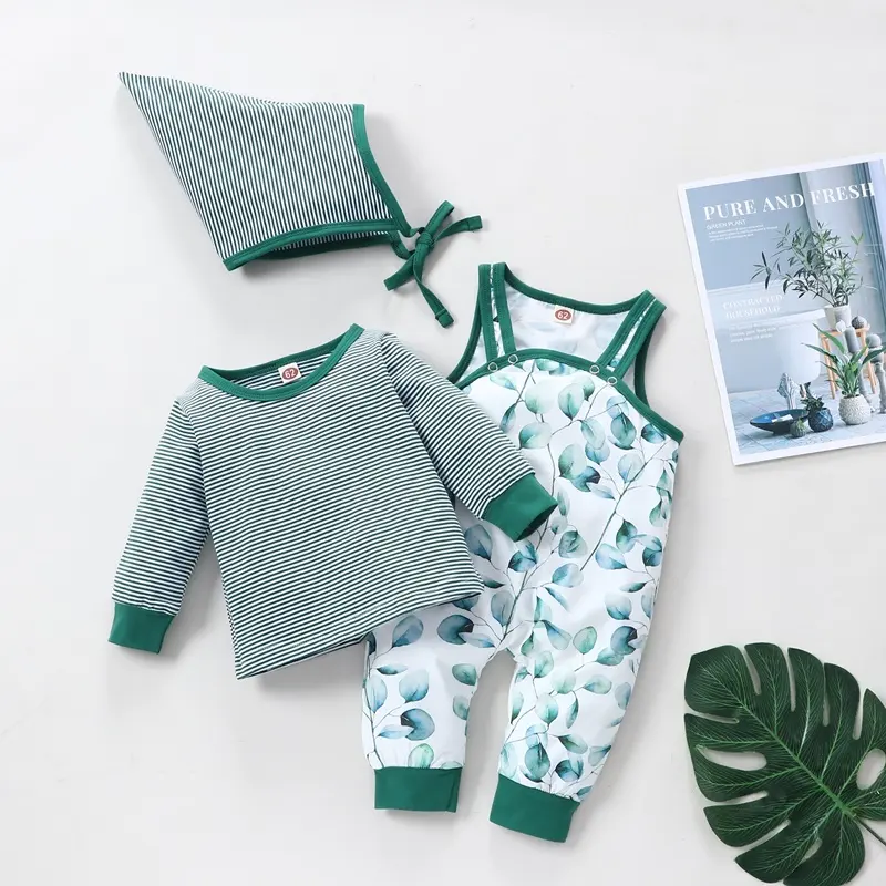 Hot Selling Baby Clothes Set Baby Boy Girl Outfits 3 Pcs Cute Striped Long Sleeve Tops+Leaves Print Sleeveless Romper+hat 0-18M