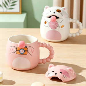 Tazza in Ceramica a Forma di Gatto con Coperchio e Cucchiaio, <span class=keywords><strong>Design</strong></span> <span class=keywords><strong>Creativo</strong></span> Personalizzato per Ufficio e Casa, Ideale per Colazione - Product Image 4