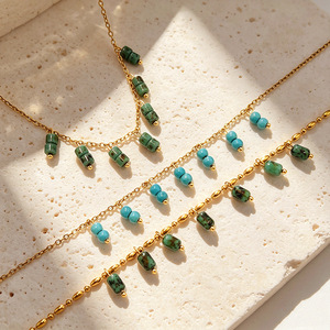Collier ras du cou rétro style turquoise avec pampilles, en acier inoxydable plaqué or 18 carats, accent perle, idéal pour les vacances, cadeau pour femme - Product Image 2