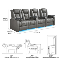 Canapé inclinable quatre places pour home cinéma, extensible, en cuir véritable, avec mousse à mémoire de forme, éclairage d'ambiance, table-bac, inclinable électrique pour le jeu