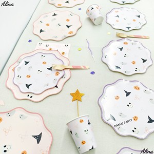 DAMAI Halloween – Vaisselle jetable tendance : Assiettes, gobelets, serviettes en papier personnalisées – Motifs fantômes, citrouilles et crânes mignons pour vos fêtes - Product Image 4