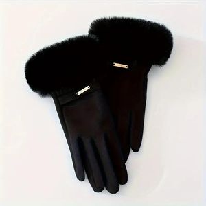 Gants tactiles pour femmes, automne-hiver, doux et chauds, doublés de <span class=keywords><strong>polaire</strong></span>, mitaines à doigts entiers avec bordure en fourrure - Product Image 1