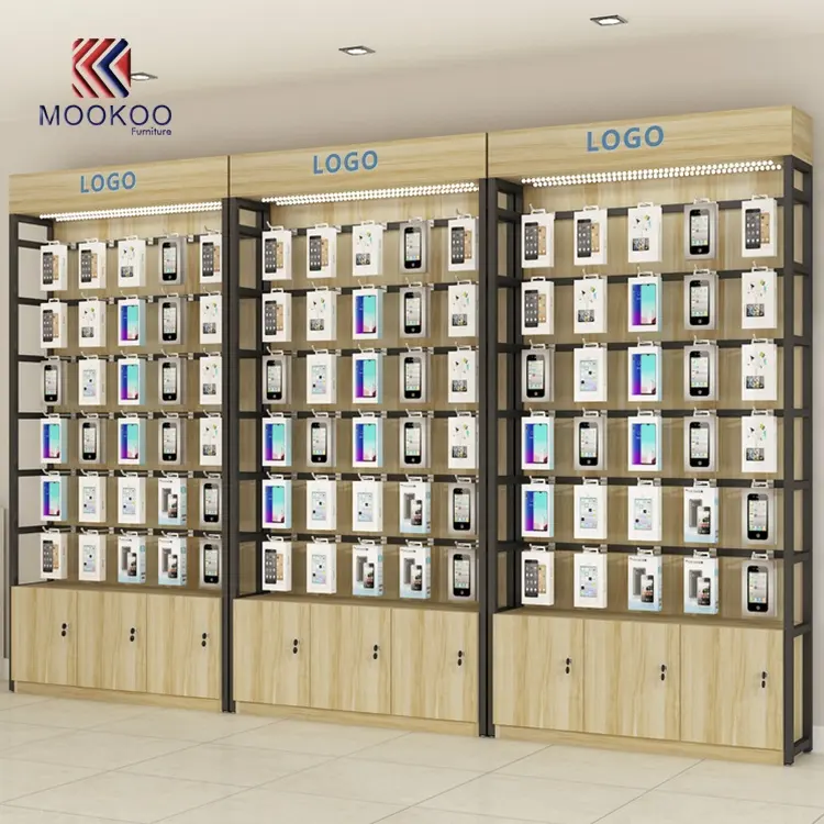 Venta al por menor de madera y de Metal del teléfono móvil accesorios soporte kiosco de diseño de gabinete de exhibición
