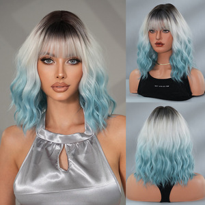 2025 femmes dégradé bleu vague d'eau perruque avec frange soignée pleine fibre chimique couverture petite casquette <span class=keywords><strong>Bob</strong></span> tête mode transfrontalière - Product Image 6