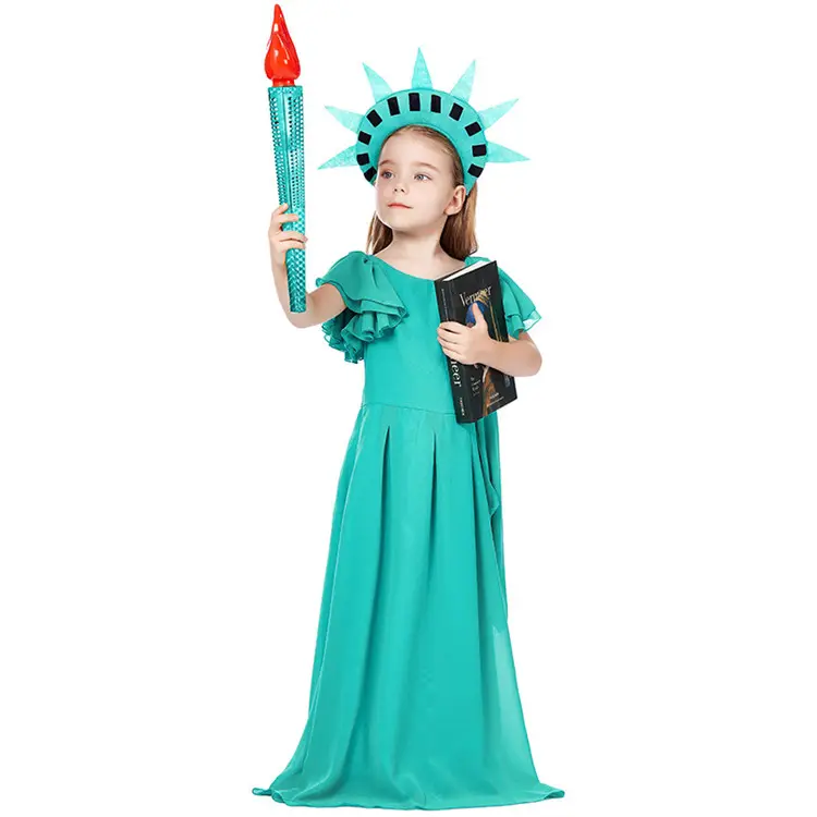 Costume carnevale Cosplay dea greca disegnato da bambini con maniche a volant vestito verde statua della libertà