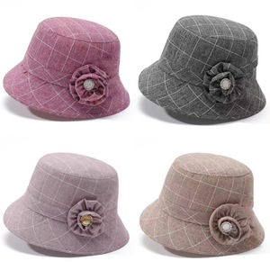 Chapeau de pêcheur à carreaux pour femmes, gris, en coton et lin, protection solaire, printemps automne, chapeau de pêcheur décontracté - Product Image 5