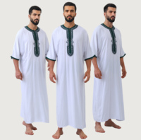 Thobe marocain de luxe brodé pour homme, manches courtes, vêtement islamique, robe saoudienne, Jubba Kaftan pour homme musulman, vente en gros