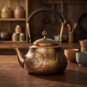 Théière traditionnelle chinoise en métal avec couvercle et poignée, couleur bronze, design décoratif - Product Image 2