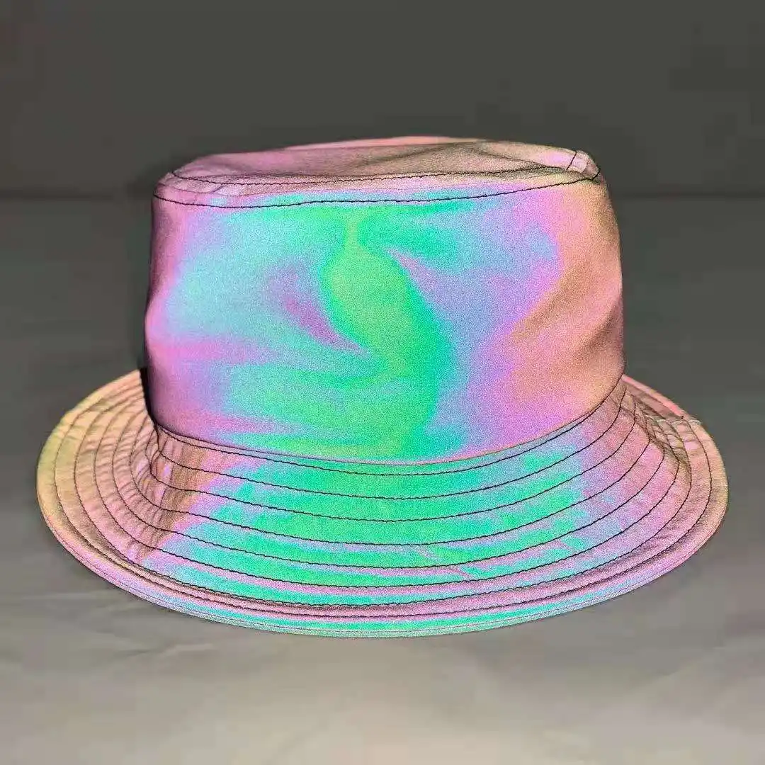 Fashion color changing rainbow retro reflective bucket hat fisherman reflective cap for outdoor use