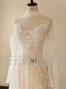 Mily gelin MQW02106 A-Line uzun kollu dantel up geri dantel düğün elbisesi kadınlar için eşarp ile - Product Image 4