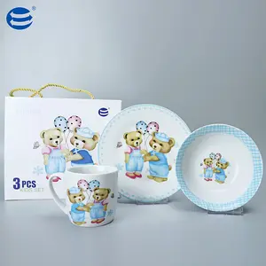 도매 아이 만화 곰 도자기 식기 세트 귀여운 동물 어린이 세라믹 식기 세트 컵과 그릇 디너 세트