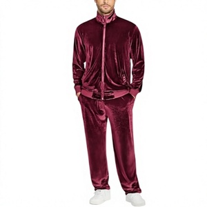 <b>Men's</b> Burgundy <b>Velour</b> <b>Tracksuit</b> Set Stand Collar Zip Up Jacket and Pants Two Piece Casual Outfit - Product Image 1