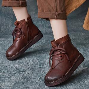 Bottes montantes imperméables en cuir de vachette style britannique à bout rond, avec embout en acier, semelle souple et empiècements, pour femme - Product Image 1