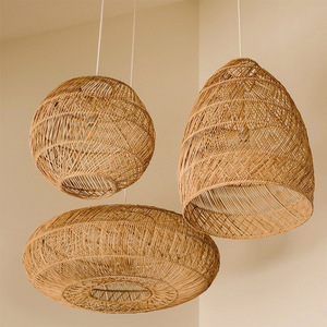 Ensemble de lampes suspendues en rotin, design rond en bois naturel, pour salon, chambre à coucher, restaurant, comptoir de bar, éclairage LED - Product Image 1