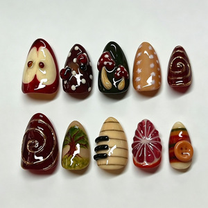 Faux ongles à pression en forme d'amande, thème forêt d'automne, peints à la main, 30 pièces, faux ongles 3D en forme de fruits et de champignons, pour festival, manucure DIY - Product Image 1