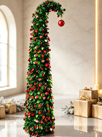 Nouvel Arbre de Noël en Plastique Floqué de Haute Qualité 1,5m 1,8m avec Base de Support, Tronc Incliné, Télescopique, Pliable, à Sommet Courbé et Denses Feuilles