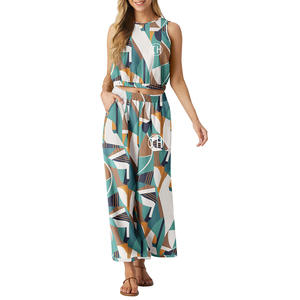 All'ingrosso due pezzi set di <span class=keywords><strong>lino</strong></span> di cotone per le donne moda stampa senza maniche girocollo Crop Top con tasche larghe pantaloni - Product Image 3
