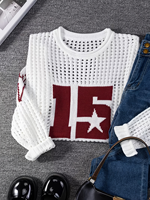 Suéter de punto calado transpirable blanco para mujer, cuello redondo, manga larga, estampado de estrellas número 15, jersey casual hueco para primavera