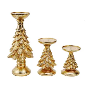 树脂金色圣诞树烛台雕像桌面装饰烛台