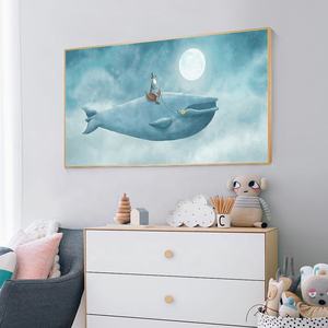 Personnalisé Bleu Ciel Blanc Lune Nuit Dessin Animé Mur Art Énorme Baleine Photo Impression Toile Abstraite Aquarelle Style Enfants Peinture Animal - Product Image 3