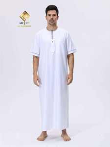 Al Haramain <b>Men's</b> Cotton <b>Thobe</b> Short Sleeve Round Neck Floor Length Solid Color Modest Prayer Robe Middle East Style - Product Image 4