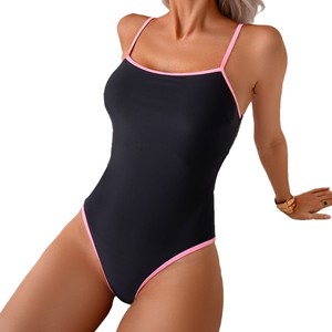 Maillot de bain une pièce pour femme, noir avec bordure rose, coupe ajustée, dos nu, style halter, avec culotte - Product Image 5