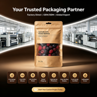 Op maat gemaakte zak met gusset en ritssluiting, van kraftpapier met transparant venster, hoge barrière, hersluitbaar, food grade, voor gedroogd fruit, 120g