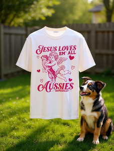 T-shirt Aussie Lover girocollo, manica normale, tessuto leggermente elasticizzato, stampa San Valentino, per proprietari di pastori australiani, unisex - Product Image 2