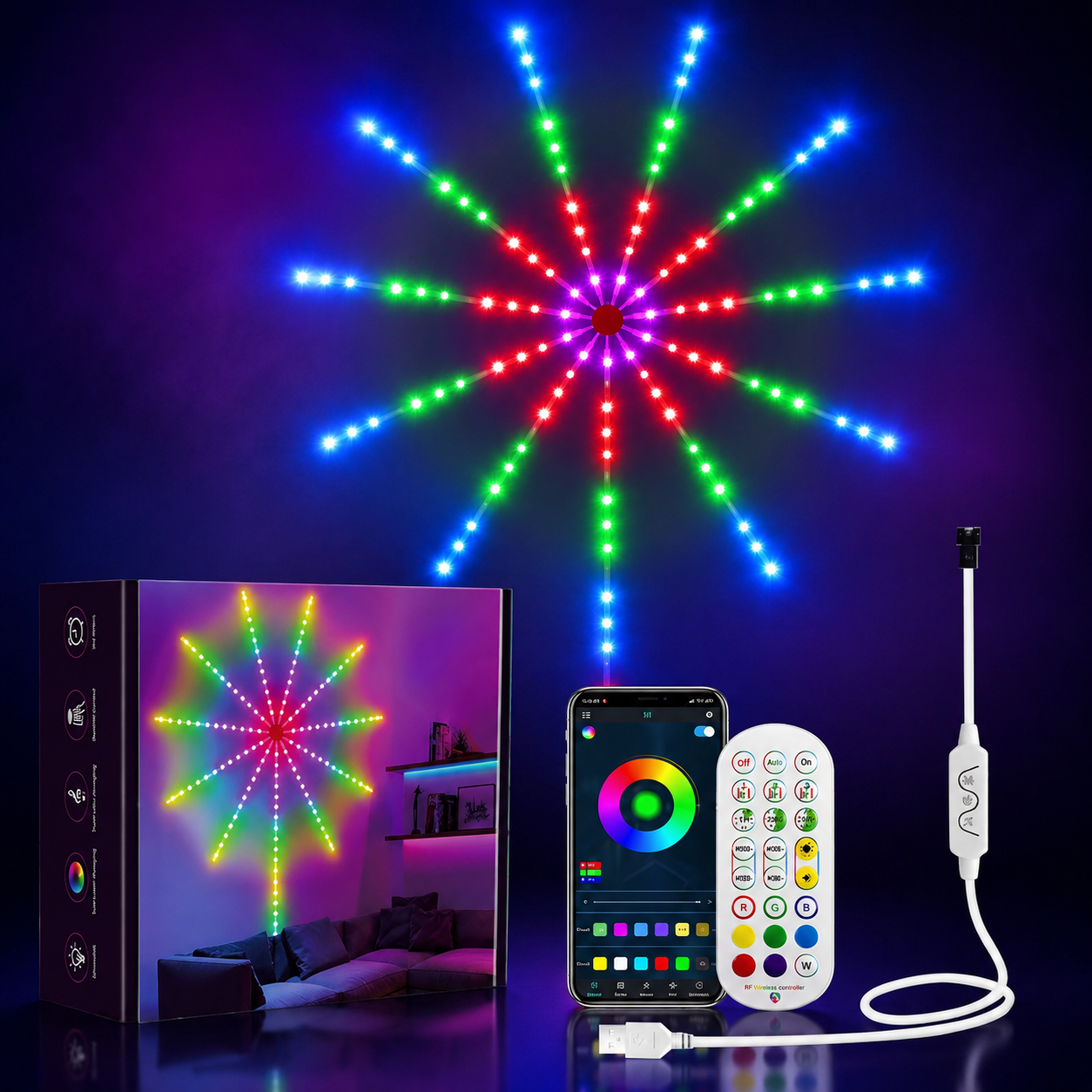 Flexible DIY LED Music Sync RGB Firework Lights IP65 Waterproof with Adjustable Angles for Wall Decor and Custom Displays