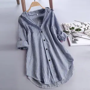 Striped Print Long Shirt Women Tunic Oversized Shirts Tunic For Women Casual Long Sleeve Turn-down Collar Button Top Shirts