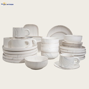 Luxury Wholesale Mid Asian 32Pcs Edge Gold Rimmed Ceramic Dinnerware Tableware Embossed Porcelain <strong>White</strong> <strong>Dinner</strong> Plate Bowl <strong>Sets</strong> - Product Image 6