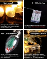 Lumières de Noël de 6,6 pieds pour décorations de chambre à coucher d'intérieur-10 ampoules Globe LED Guirlande lumineuse avec arbre, neige et ornements mignons