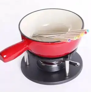 थोक रंगीन तामचीनी कोटिंग कच्चा लोहा cookware पनीर fondue पॉट कांटे के साथ