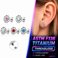 Anting Titanium ASTM F136 CZ Labret Helix Flatback untuk Tindik Telinga Wanita dengan Ulir Internal