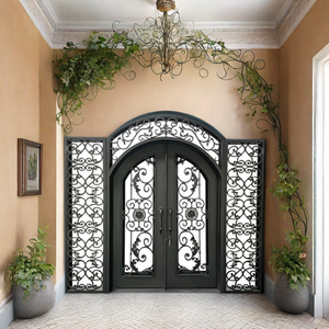 Porta d'Ingresso Doppia <span class=keywords><strong>in</strong></span> Ferro Battuto con Design a Vaso di Fiori e Viti, con Luci Laterali e Traversa, Finitura Effetto Legno - Product Image 6