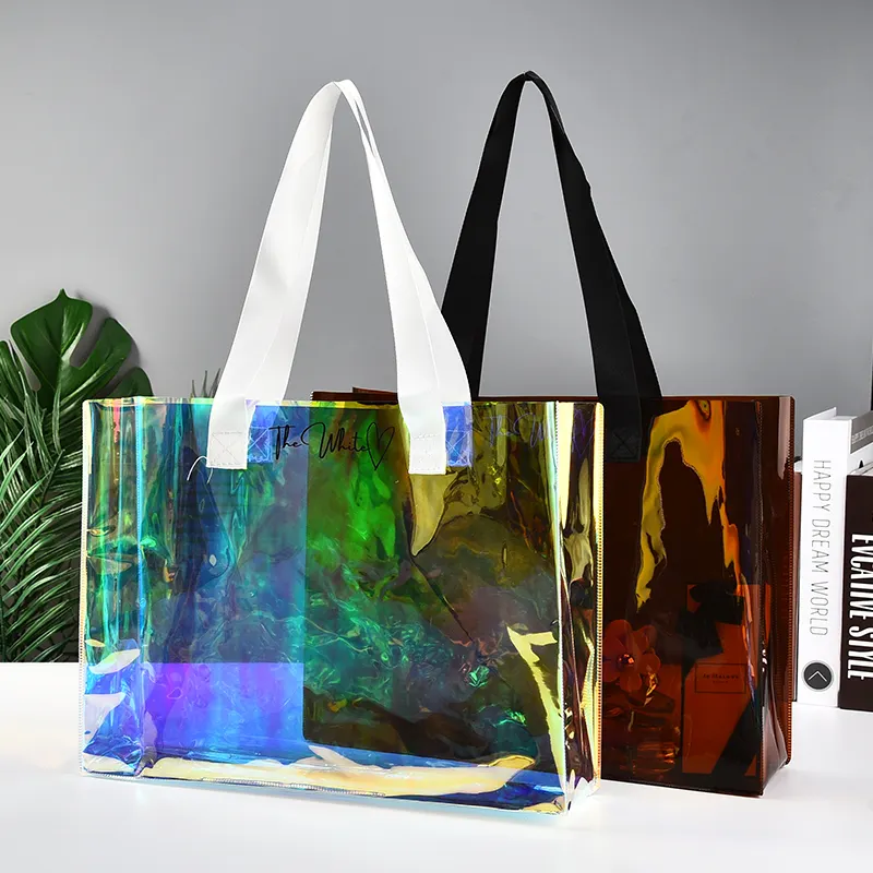 XXL Kích thước 50x40x13cm bán buôn PVC mua sắm túi sang trọng không thấm nước Holographic rõ ràng Tote Túi với logo phụ nữ mỹ phẩm túi xách