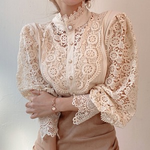 <span class=keywords><strong>Chemise</strong></span> à manches longues à <span class=keywords><strong>col</strong></span> montant, style chic et élégant, nouvelle collection coréenne printemps 2026, en gros, avec boutons, dentelle, fleurs ajourées et coutures - Product Image 3