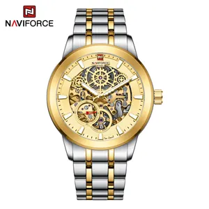 NAVIFORCE นาฬิกากลไกทองสุดหรูสำหรับผู้ชาย,นาฬิกาข้อมือหน้าปัดใหญ่สุดสร้างสรรค์นาฬิกาสแตนเลสสตีลกันน้ำสำหรับดำน้ำ10ATM