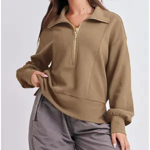 free sample blank plain beige half zip anti-wrinkle hoodies no brand solid color sweatshirts clothing in bulk for women unisex