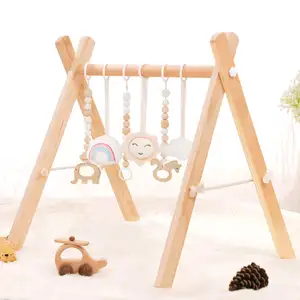 Natuurlijke Houten Opvouwbare Baby Play Gym Frame Met 6 Houten Baby Speelgoed Veilig En Milieuvriendelijk Materiaal Stabiel Voor Woonkamer Slaapkamer
